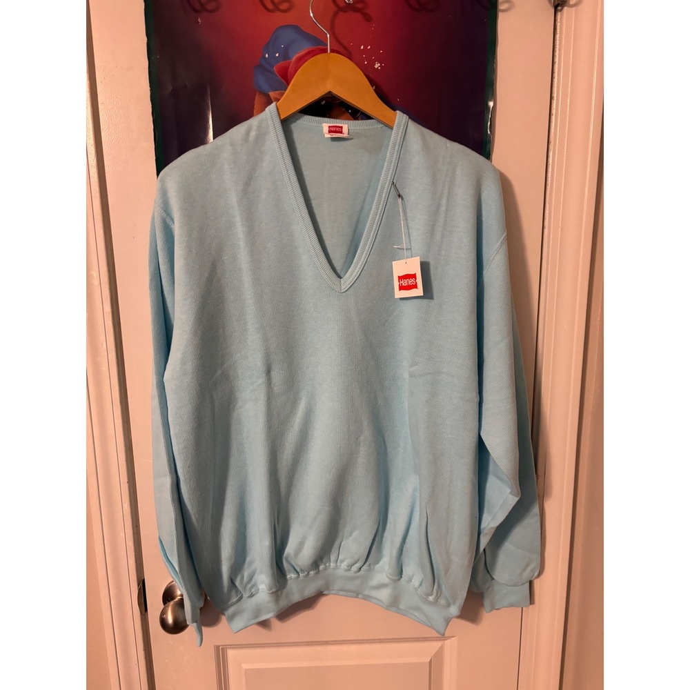 90s Vintage Hanes V-Neck Sweatshirt Mens Large Blue Long Sleeve Deadstock NOS